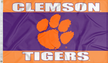 Load image into Gallery viewer, 3x5 feet wide Clemson University Flag with orange purple and orange stripes and two metal grommets
