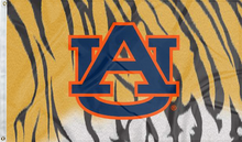 Load image into Gallery viewer, 3x5 Auburn University Flag with blue and orange AU Logo over tiger skin background and Two Metal Grommets
