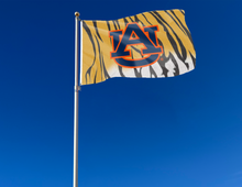 Load image into Gallery viewer, 3x5 Auburn University Flag with blue and orange AU Logo over tiger skin background and Two Metal Grommets attached to flagpole waving in the wind
