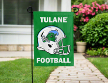 Load image into Gallery viewer, tulane football garden flag hung outside a driveway for yard decor
