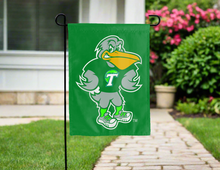 Load image into Gallery viewer, tulane riptide mascot garden flag hung outside for yard decor

