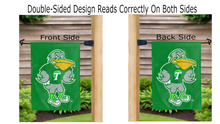 Load image into Gallery viewer, tulane riptide logo reading correctly on both sides of green garden flag
