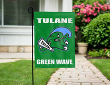 Load image into Gallery viewer, green tulane university garden flag hung outside for yard decor
