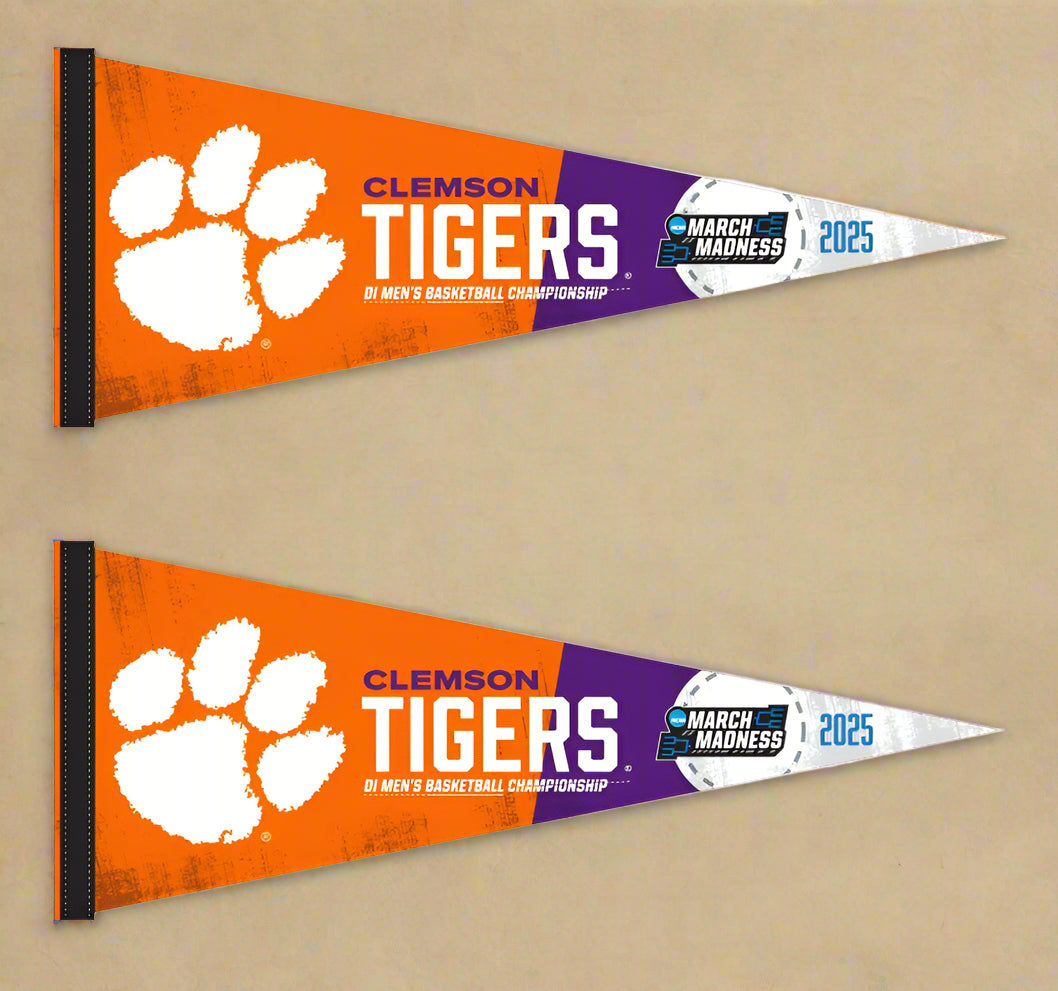 two orange and purple 2025 March madness Clemson basketball pennant for indoor home décor