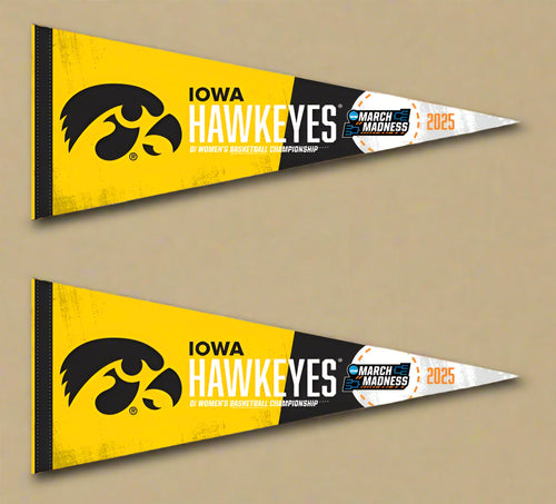 Two gold and black Iowa Women's Basketball March Madness 2025 Pennants for indoor home décor