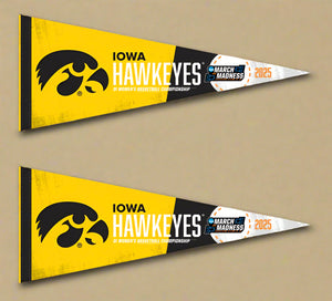 Two gold and black Iowa Women's Basketball March Madness 2025 Pennants for indoor home décor