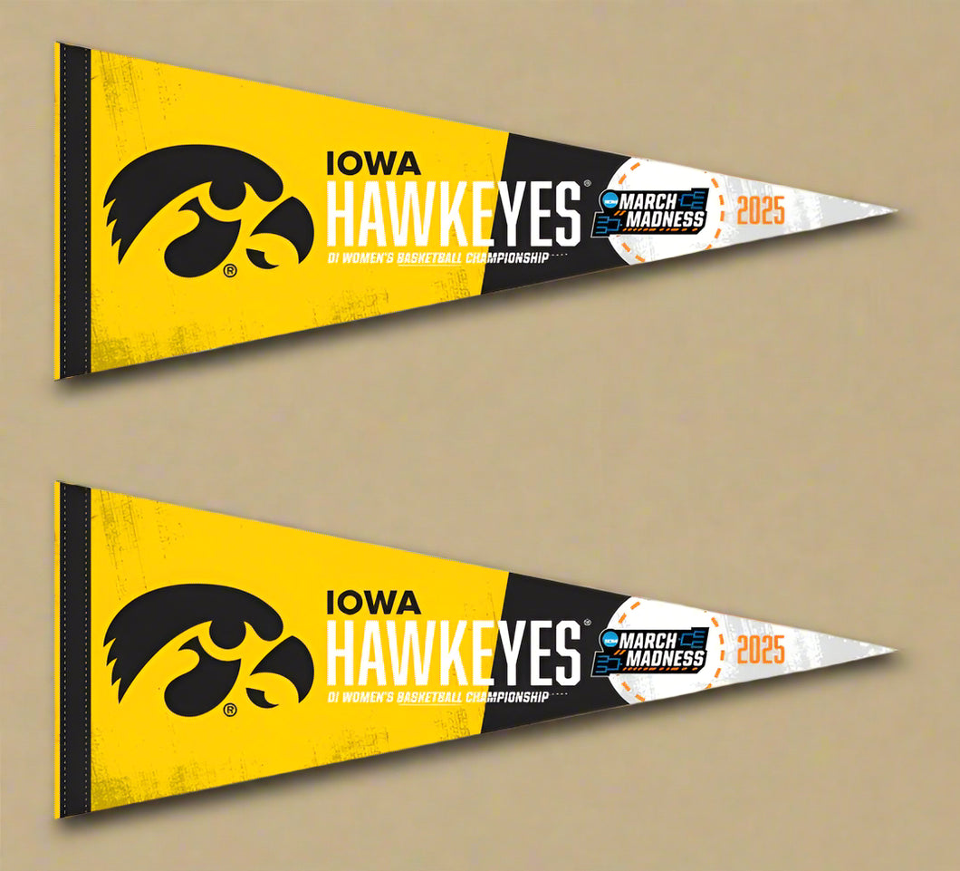 Two gold and black Iowa Women's Basketball March Madness 2025 Pennants for indoor home décor