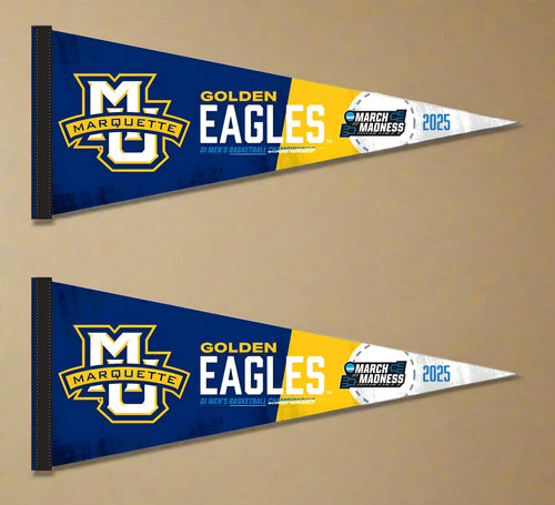 two blue and gold Marquette Basketball 2025 March Madness Pennant for indoor home décor