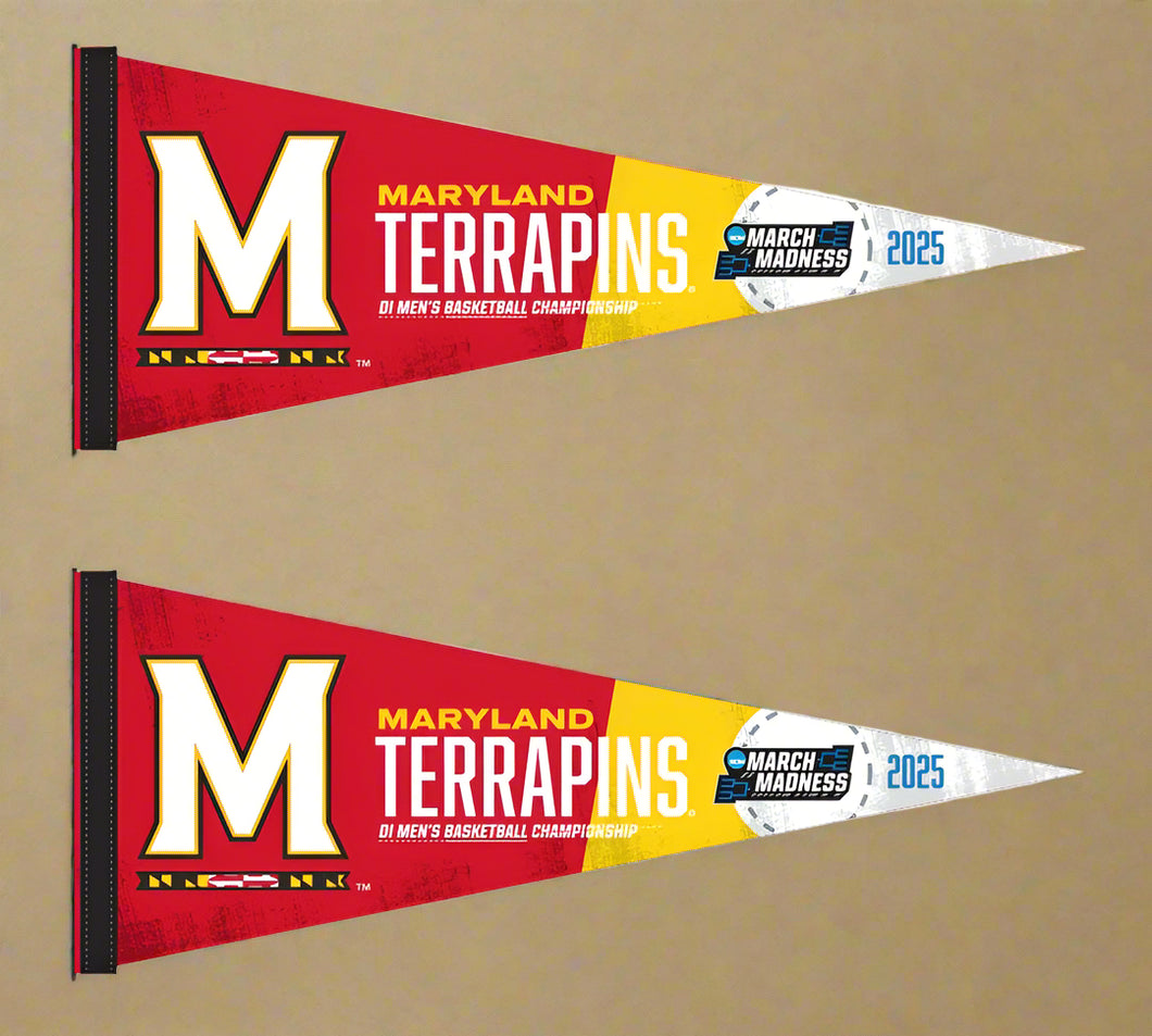 two red and yellow University of Maryland March Madness 2025 Basketball Pennant 2 Pack for indoor home décor