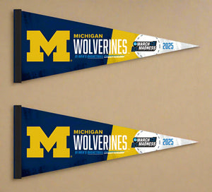 two blue and gold Michigan Wolverines March Madness 2025 Basketball Pennant for indoor home décor