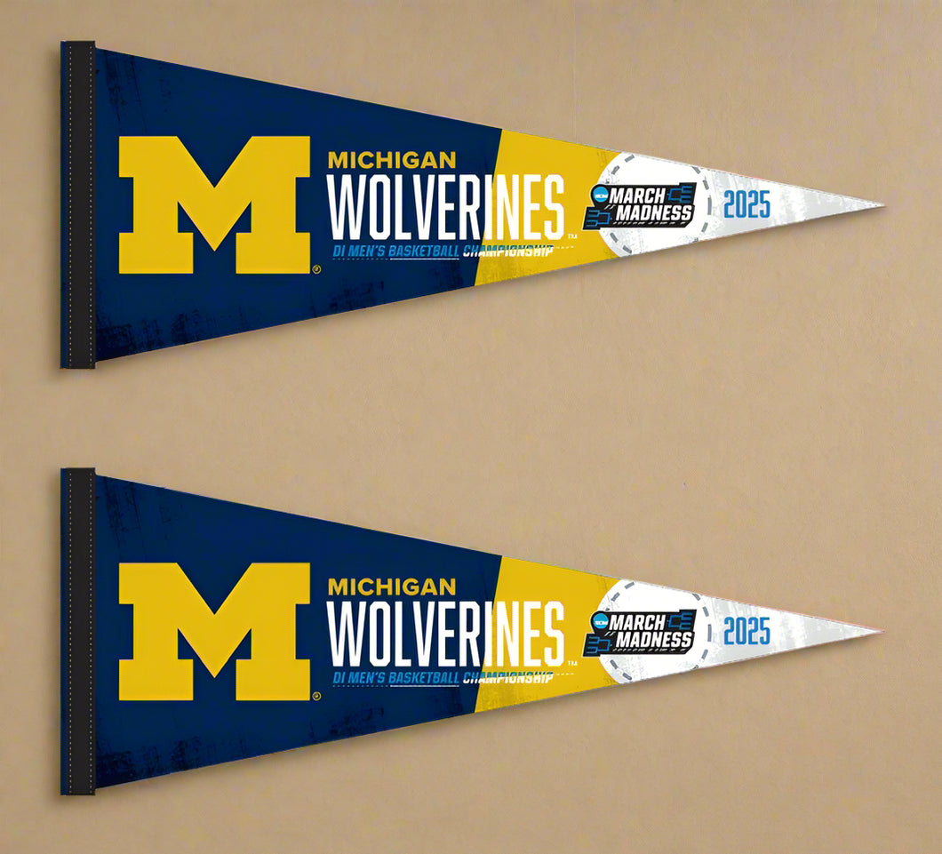two blue and gold Michigan Wolverines March Madness 2025 Basketball Pennant for indoor home décor