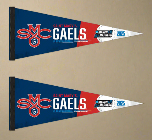 two blue and red 2025 March Madness Saint Mary's Basketball Pennants for indoor home décor
