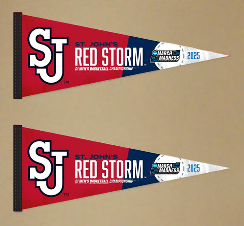 two red and blue March Madness 2025 St John's Basketball Pennant for indoor home décor