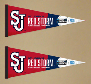 two red and blue March Madness 2025 St John's Basketball Pennant for indoor home décor