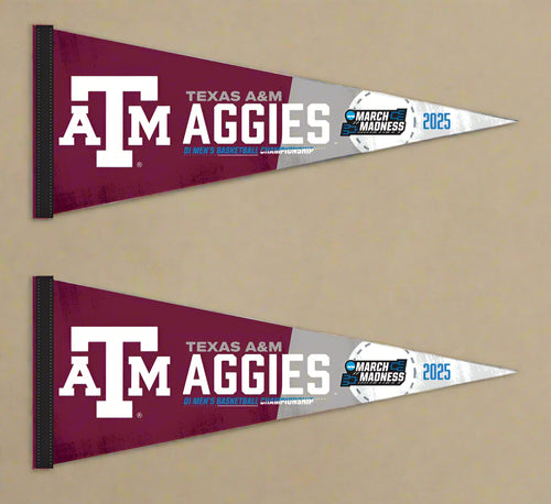 two maroon and grey 12x30 inch long March Madness 2025 Texas A&M Basketball Pennant for indoor home décor