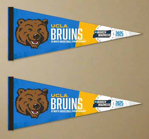 two blue and gold UCLA Men's Basketball March Madness 2025 Pennant for indoor home décor