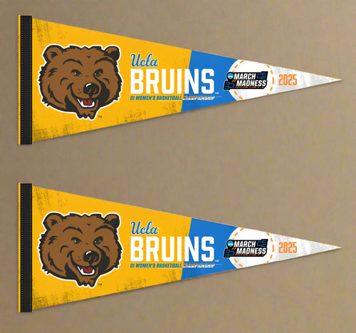 two gold and blue March Madness 2025 UCLA Women's Basketball Pennant for indoor home décor