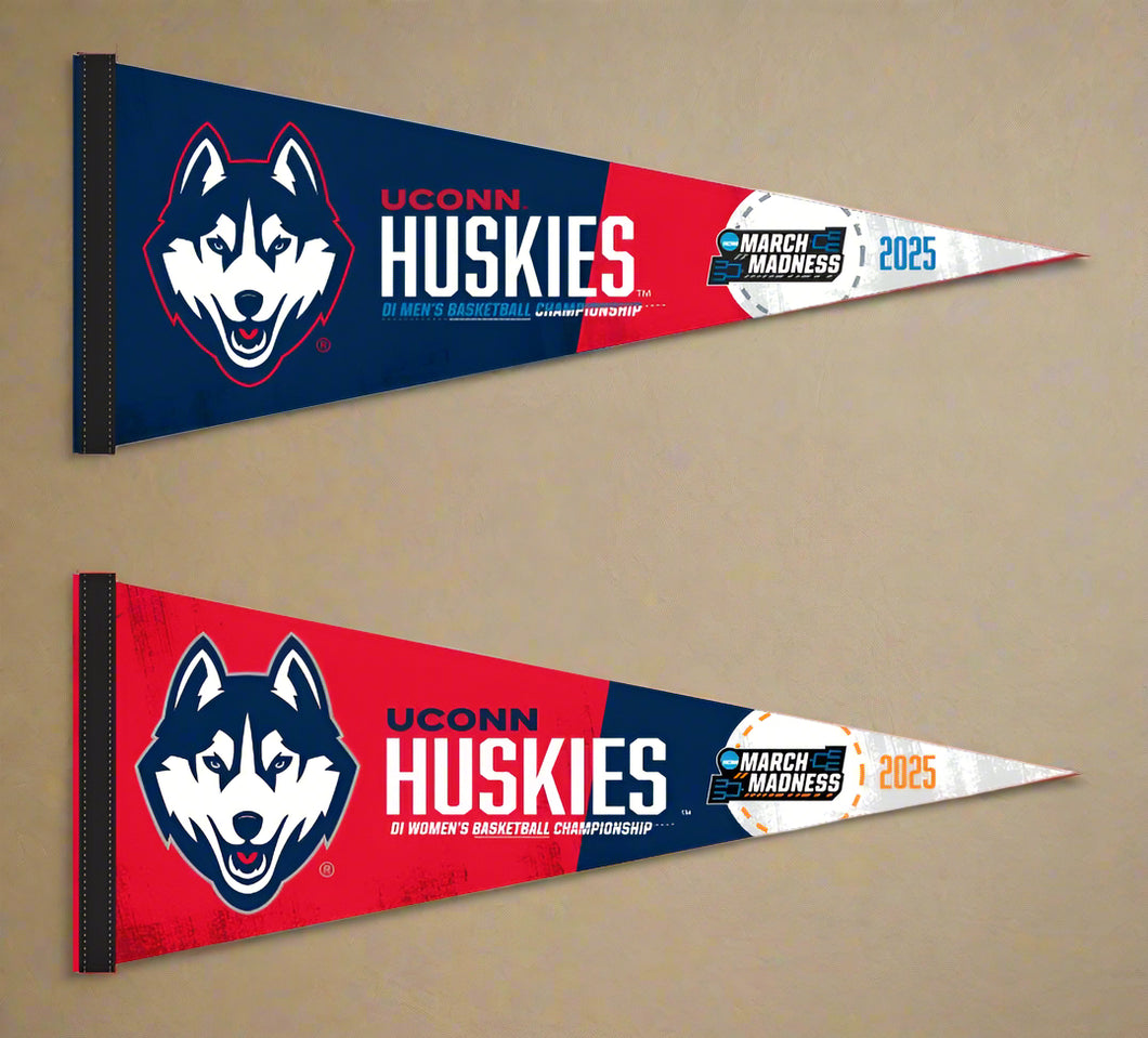 One UCONN Men's Basketball March Madness 2025 pennant and one Women's Basketball 2025 March Madness 2 Pack Pennant