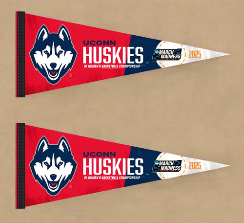 Two red and blue UCONN Women's Basketball March Madness 2025 Pennants for indoor home décor