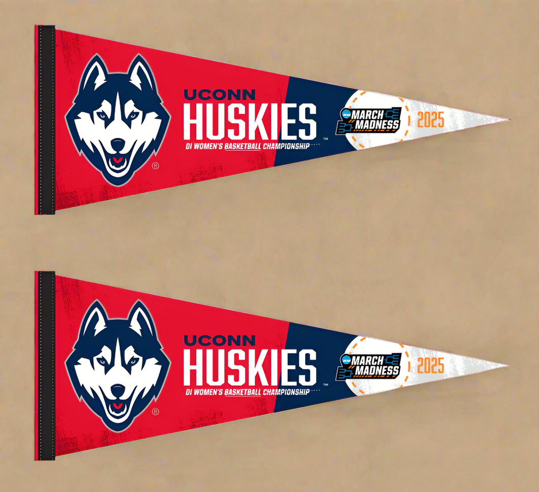 Two red and blue UCONN Women's Basketball March Madness 2025 Pennants for indoor home décor