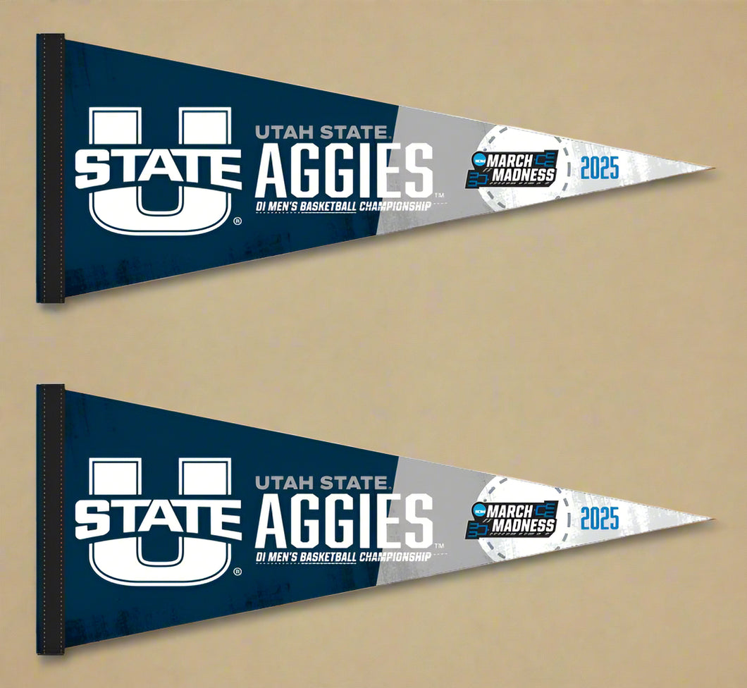 Two blue and grey Utah State Basketball March Madness 2025 Pennants for indoor home décor