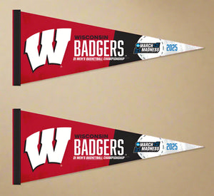 two red and black March Madness 2025 Wisconsin Badgers Basketball 2 Pack Pennants for indoor home décor