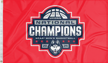 Load image into Gallery viewer, Red 3x5 foot wide UCONN flag with National Champions 2024 March Madness Logo and two metal grommets
