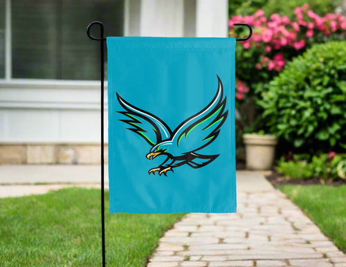 UHCL garden flag hung outside on a garden flag stand for yard decor