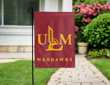 Load image into Gallery viewer, maroon double sided garden flag with ulm warhawks logo for yard decor
