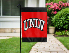Load image into Gallery viewer, UNLV garden flag hung outside in the yard as part of yard decor
