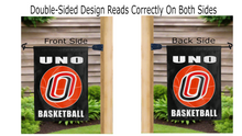 Load image into Gallery viewer, UNO basketball logo reading correctly on both sides of garden flag
