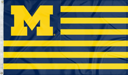 USA flag style University of Michigan Flag with seven blue stripes and six gold stripes 