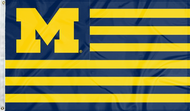 USA flag style University of Michigan Flag with seven blue stripes and six gold stripes 