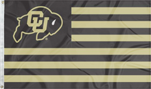 Load image into Gallery viewer, 3x5 feet wide University Of Colorado Flag with thirteen black and gold stripes and two metal grommets
