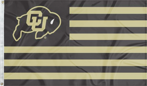 3x5 feet wide University Of Colorado Flag with thirteen black and gold stripes and two metal grommets
