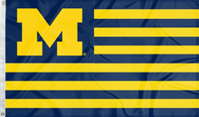 Load image into Gallery viewer, Blue and Gold USA Flag style University of Michigan Flag with seven blue stripes and six gold stripes and two metal grommets
