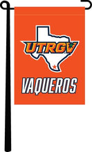 Load image into Gallery viewer, Orange UTRGV Vaqueros Garden Flag with New Logo on black garden flag stand
