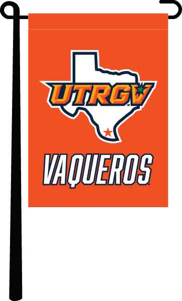 Orange UTRGV Vaqueros Garden Flag with New Logo on black garden flag stand