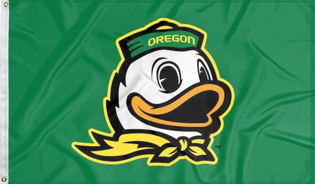 Green University of Oregon flag with Oregon Duck logo and two metal grommets