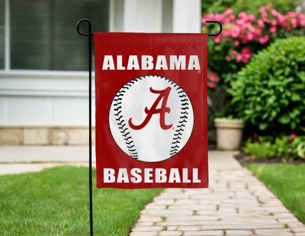 Alabama baseball garden flag hung outside a driveway for yard decor