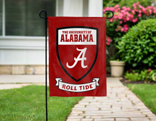 Load image into Gallery viewer, university of alabama garden flag with shield and roll tide logos
