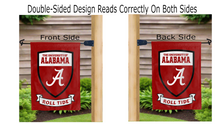 Load image into Gallery viewer, university of alabama shield and roll tide logos reading correctly on both sides of double sided garden flag
