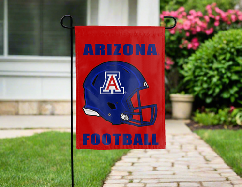 University of Arizona football garden flag hanging on garden flag stand