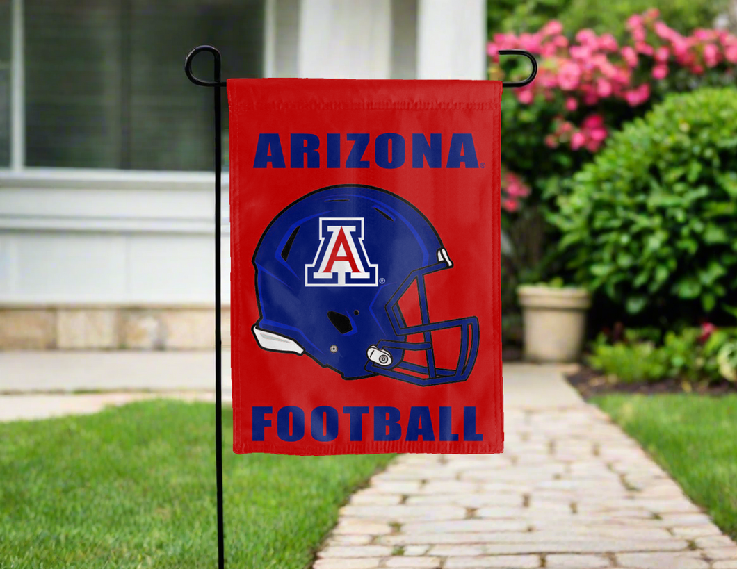 University of Arizona football garden flag hanging on garden flag stand