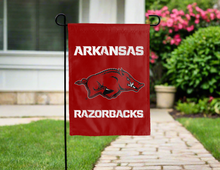 Load image into Gallery viewer, University of Arkansas razorbacks garden flag hung outside for yard decor

