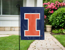 Load image into Gallery viewer, university of illinois double sided garden flag with I logo for yard decor
