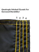 Load image into Gallery viewer, Gold quadruple-stitched flyends on black stripe of University of Iowa National Applique Flag with two metal grommets, showing detailed stitching
