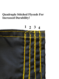 Gold quadruple-stitched flyends on black stripe of University of Iowa National Applique Flag with two metal grommets, showing detailed stitching