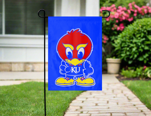 blue University of Kansas Garden Flag with Baby Jay logo for yard decor