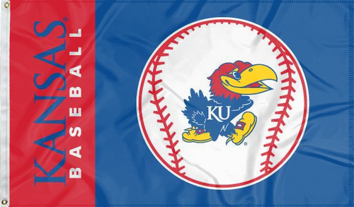 Blue and red 3x5 University of Kansas Baseball Flag with two metal grommets for indoor home décor
